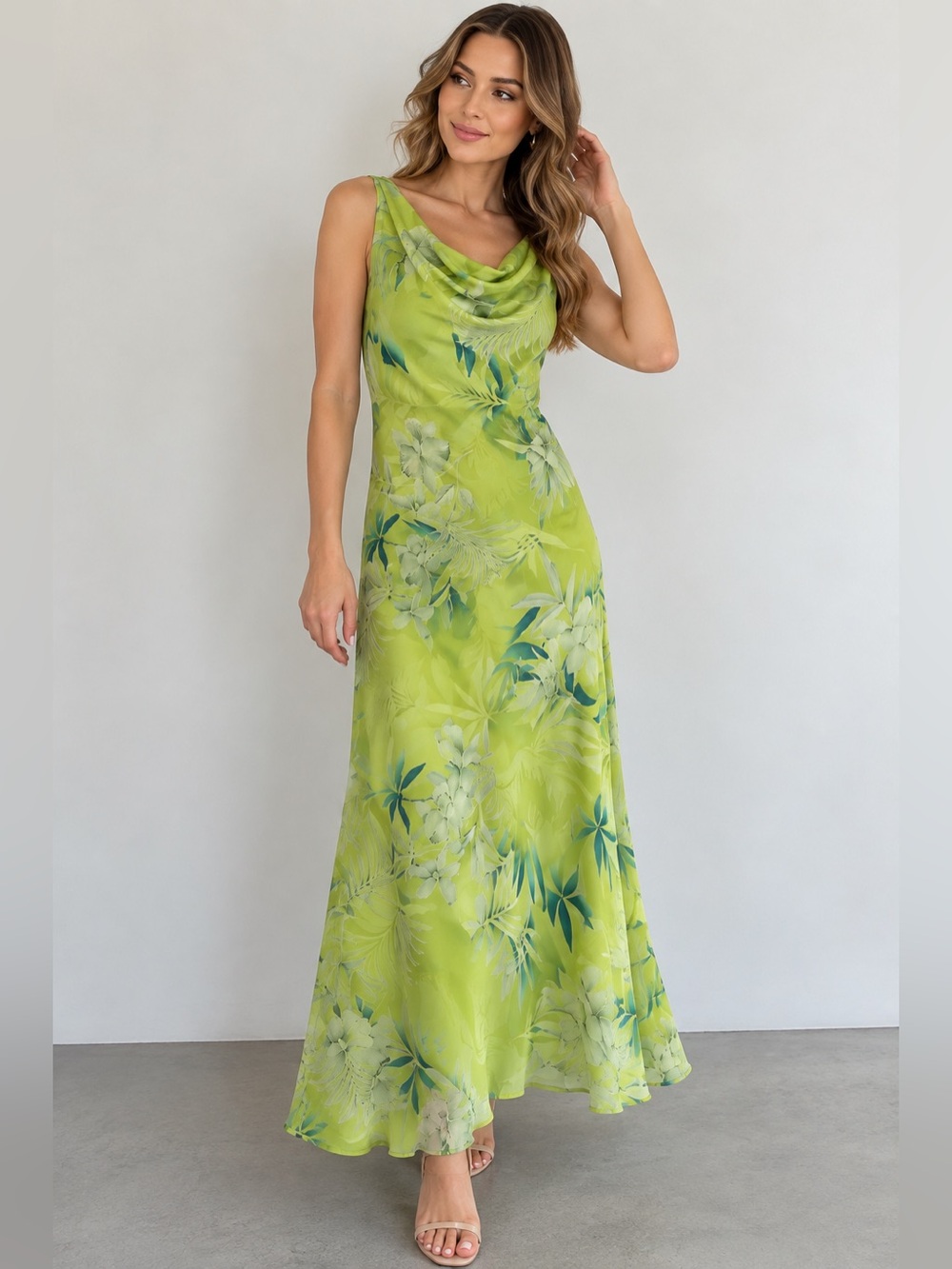 Studio I Lime Green Floral Cowl-Neck Maxi Dress